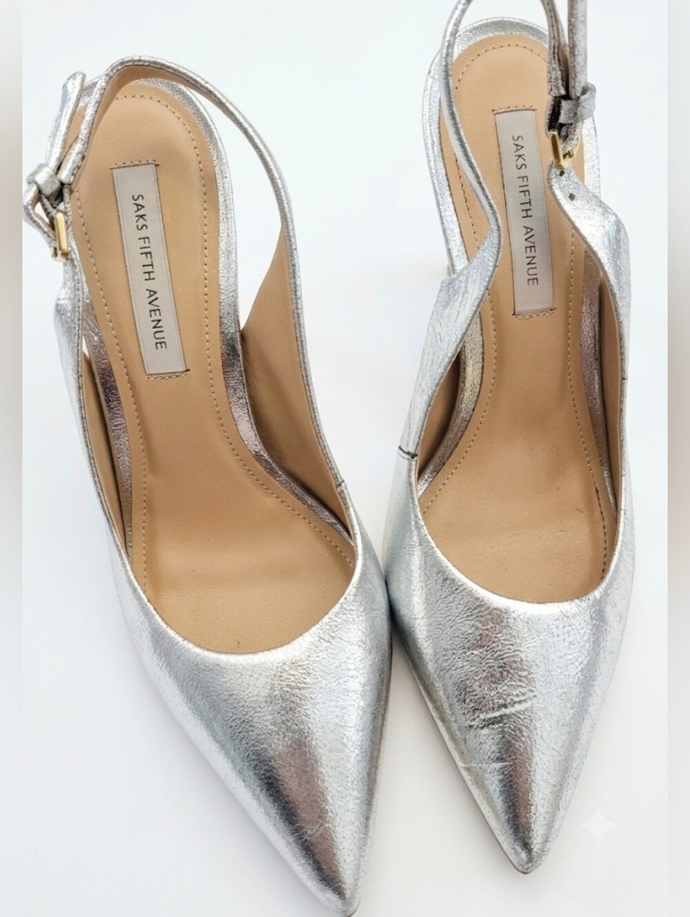 ​Saks Fifth Avenue Crackled Leather Silver Metallic Slingback Pumps Heels 7